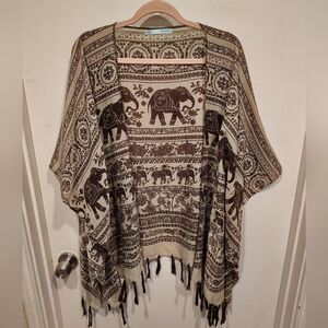 Maurices Elephant Print Tassel Hem Lightweight Kimono Cardigan L/XL Boho Gypsy